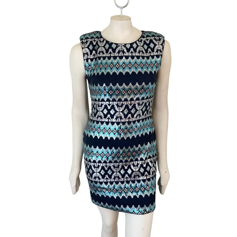 AS U WISH Geo Stripe Sequins Sheath Dress in Blue & Silver  Prom Formal  SZ 6